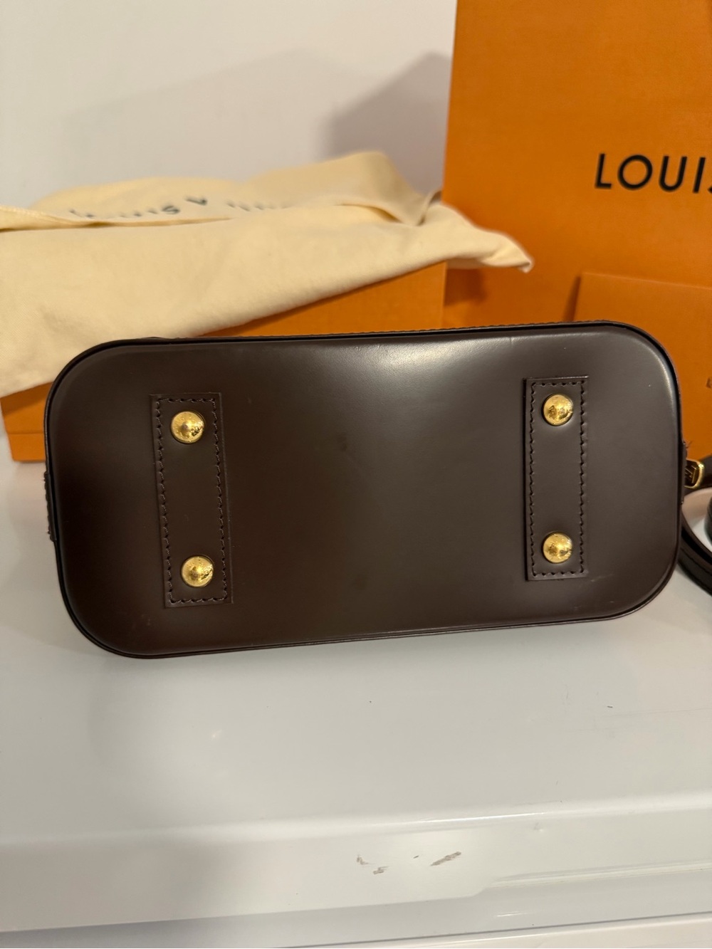 Louis Vuitton Damier Ebene Alma BB Satchel - Dark Brown & Gold - Picture 8 of 10